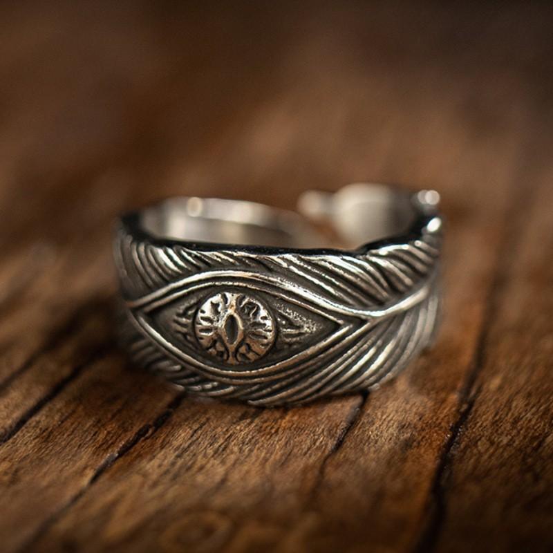 Adjustable Gothic Winged Demon Eye Feather Ring Men Women Vintage Punk Rock Statement Jewelry Adjustable Open Band