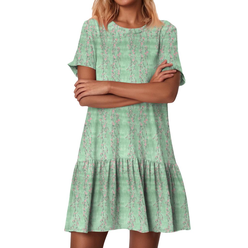 Damska Moda Casual Okrągły Dekolt Krótki Rękaw Falbanki Sukienki w Stylu Vintage z Nadrukiem