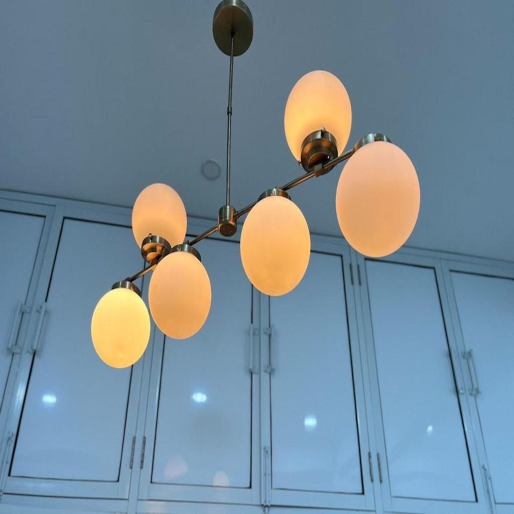 Modern 6 Light Mid Century Home Drawing Room Lobby & Dinning Table Lights Home Décor Frosted Glass Globe Linear Chandeliers