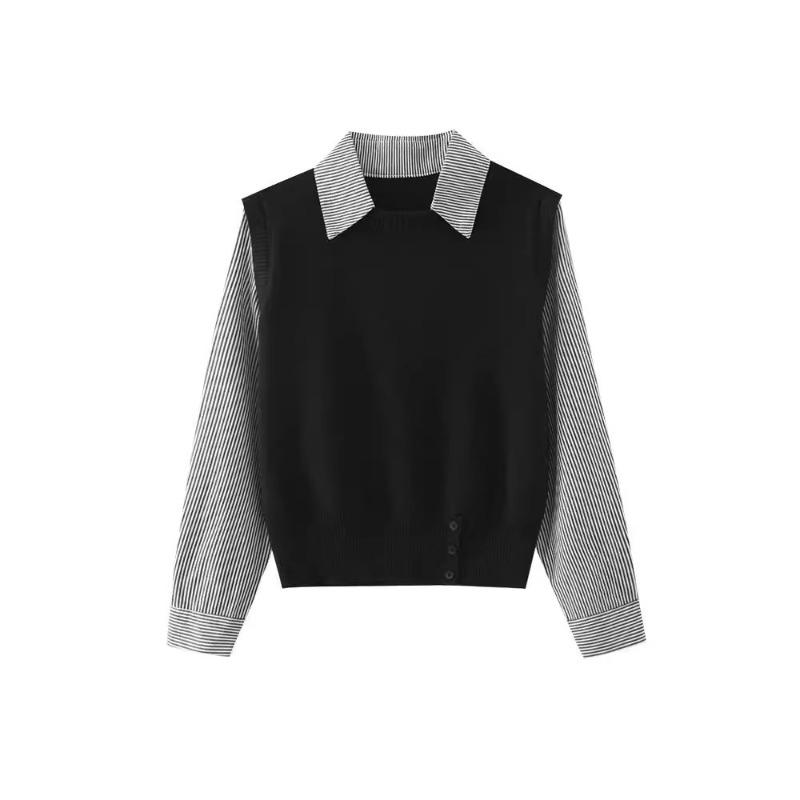 

Поддельный двухслойный полосатый рубашечный рукав, вязаный свитер с вставками, женский осенний новый темпераментный свитер с лацканами, подчеркивающий талию average size [recommended 80-60kg]