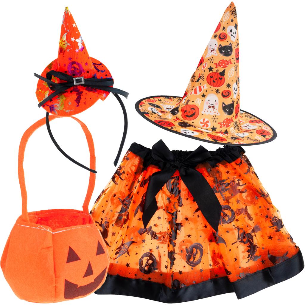 Witch costume, black, shiny, for girls, hat and cape, Halloween outfit, set