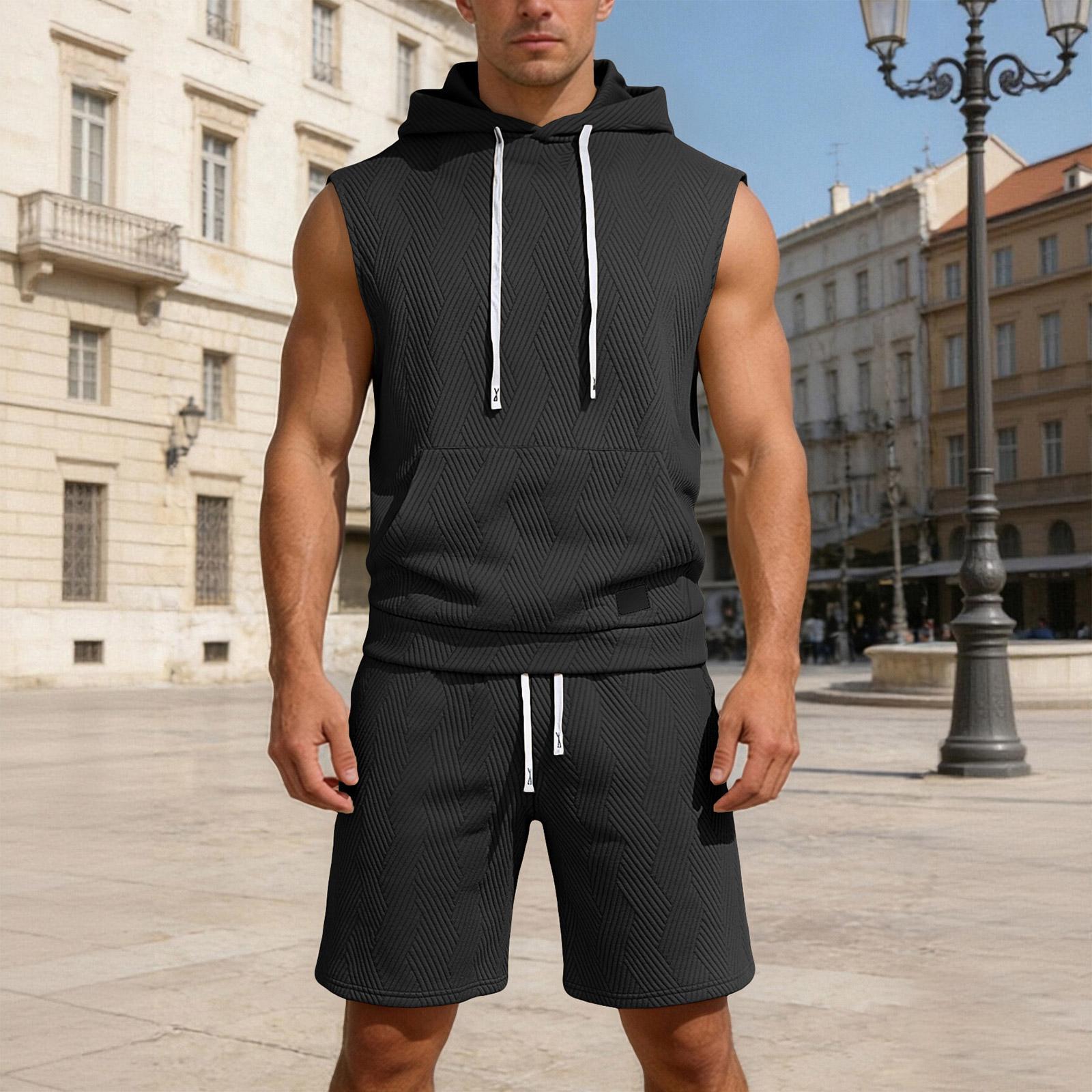 

Mens Sleeveless Workout Hoodie Shorts Set 2 Piece Outfits Hooded Tank Tops Gym Tracksuit Sweatsuits XXL чорний
