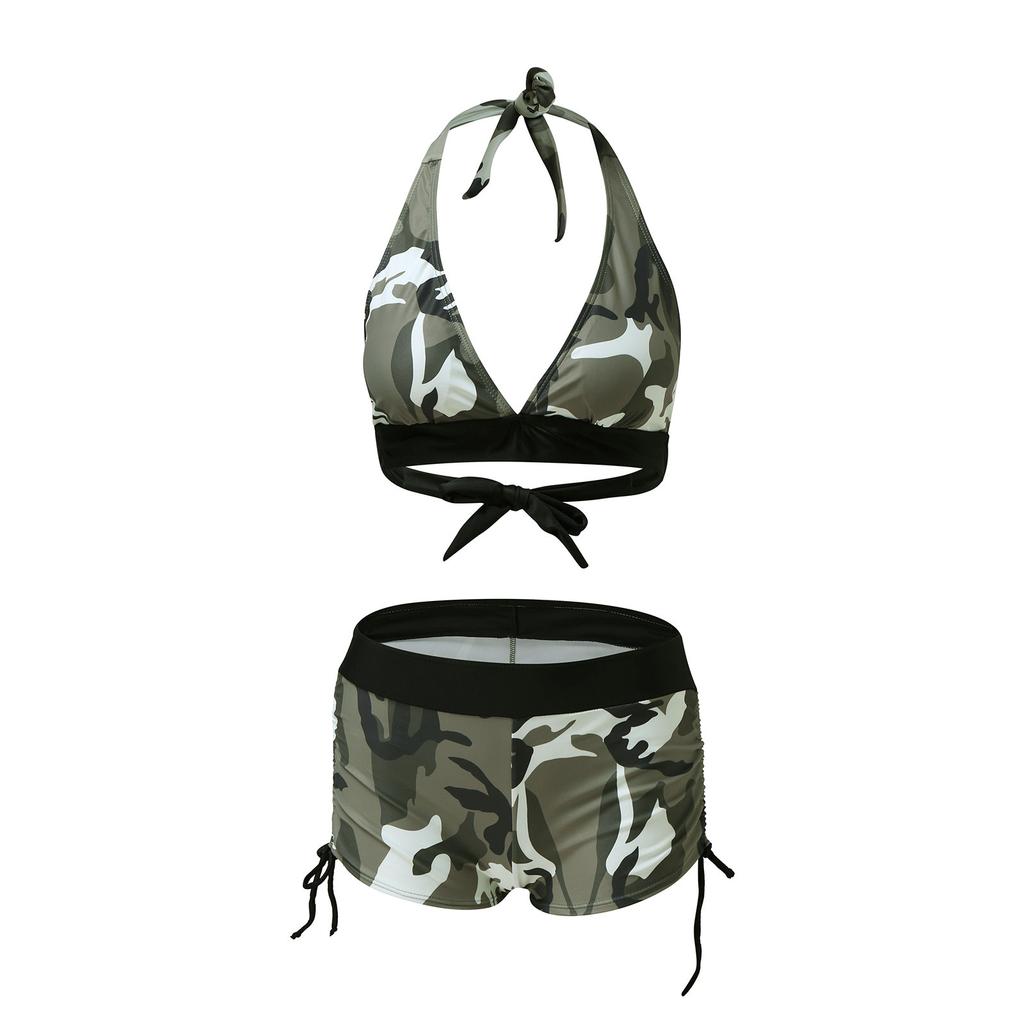 Camouflage Print Swimwear Halter Beachwear Split Swimsuit Push Two Piece Shorts Women Swimsuit Bikini Trajes De BañO Mujer