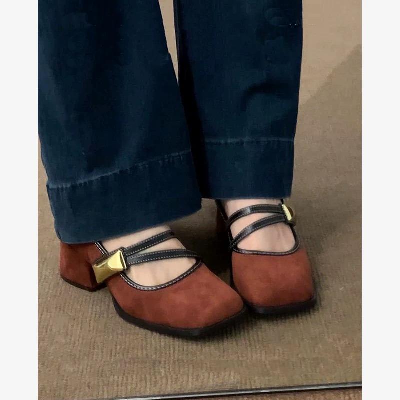 Elegant Retro Spliced Color Commuter Chunky Heel Women's Shoes Spring New One-Strap Mary Jane Shoes Comfortable Casual Footwear