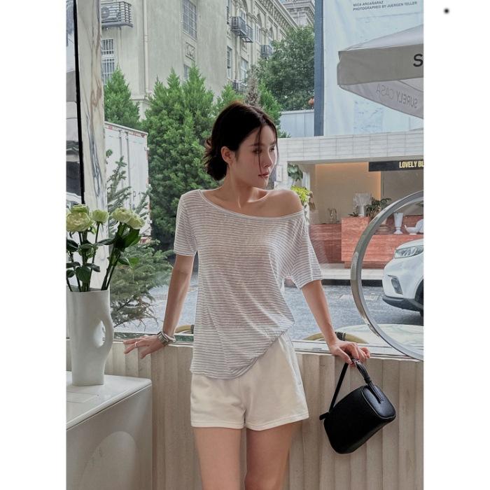 Striped short-sleeved t-shirt women s summer new French striped blue shoulder short sexy top S