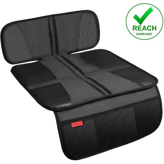 Car Seat Protector - Seat Protection Mat - Thick Padding - Durable, Waterproof Fabric, Leather Reinforced Corners & 3 Pockets for Handy Storage Black