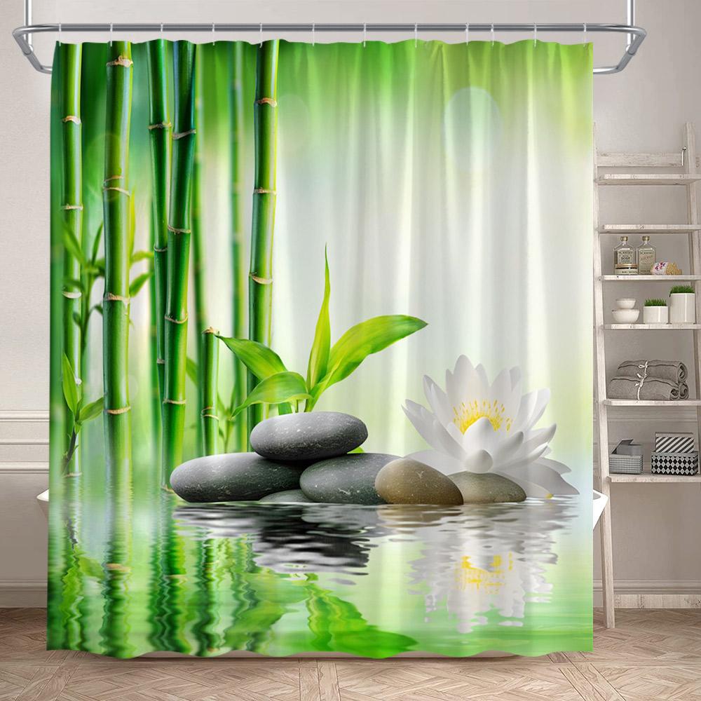 Rideaux de douche Zen Bambou Vert Orchidée Pourpre Lotus Papillon Paysage Spa Accrochage Mural Domestique Tissu Rideau de Salle de Bain Décoratif