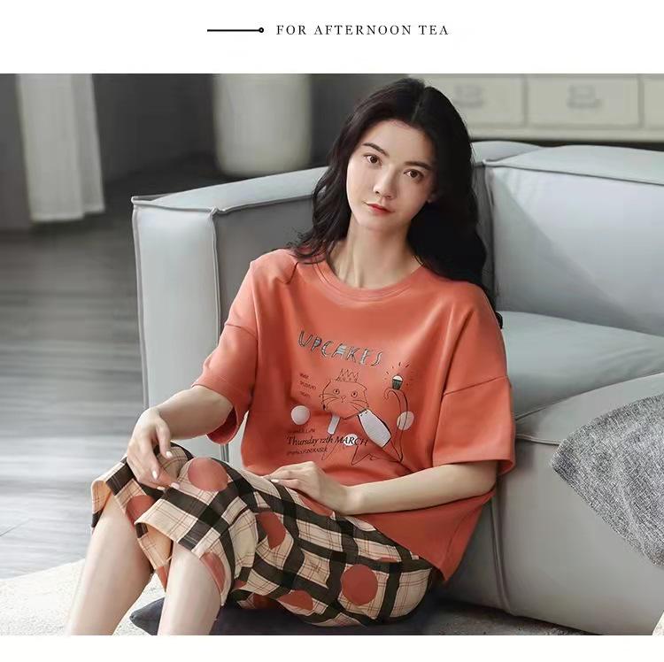 Korean Style Women's Summer Pajama Set – Imitation Cotton, Short Sleeve, Capri Pants, Thin, Cute, Plus Size