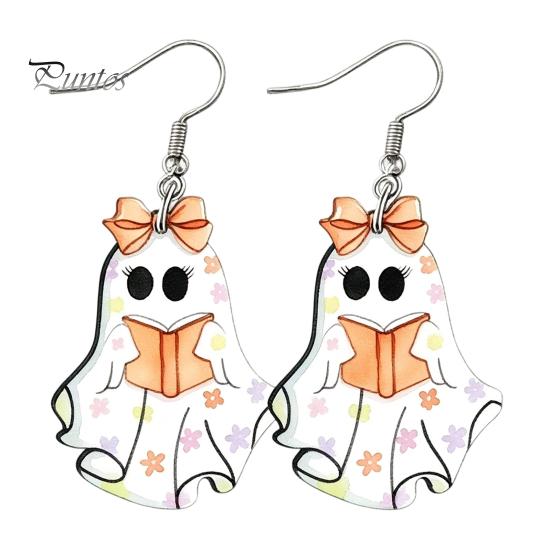 Cute Halloween Jewelry Reading Ghost Earrings, Sweet Bowknot Drop Lightweight Acrylic Earrings for Women Girls