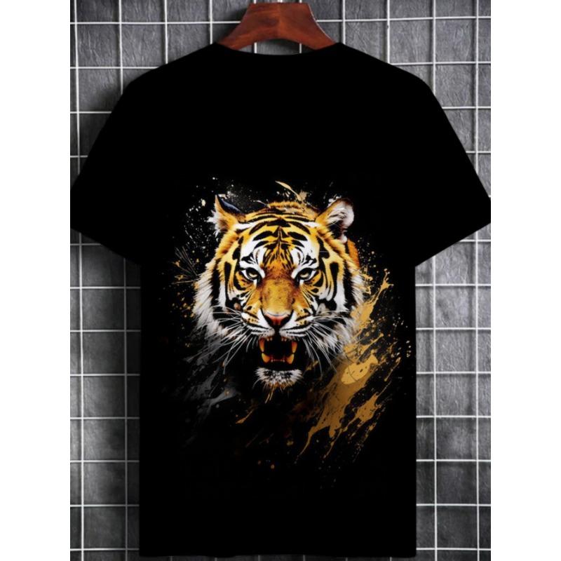 Roaring Tiger Head 3D Graphic Tee Men's Fashion Black Short Sleeve T-Shirt Casual Crew Neck Creative Ink Paint Art Style Summer Streetwear Clothes Top
