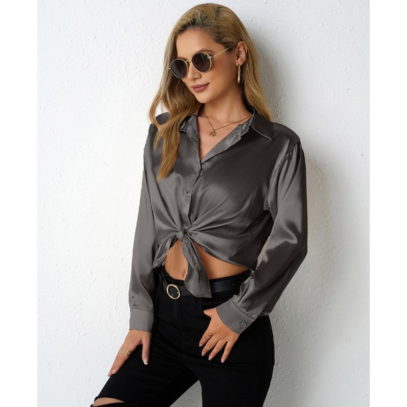 Women's Satin Shirt Simple V-neck Button Blouse Loose Long Sleeved Blouses & Shirts