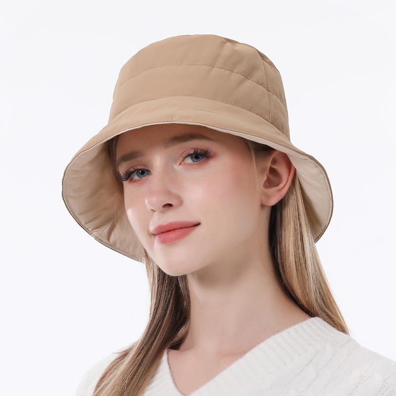 Reversible Korean-Style Down Cotton Bucket Hat for Women - Autumn/Winter Large Brim, Waterproof, Sunshade, Warm.