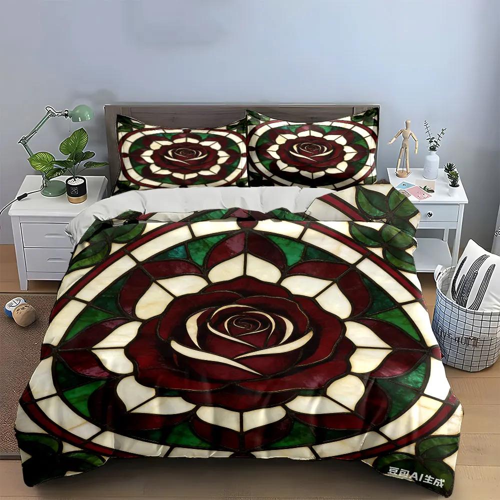Stained Glass Rose Decoration Set Multiple sizes kid's and adults' bedroom Exquisite 3PC bedding set gift
