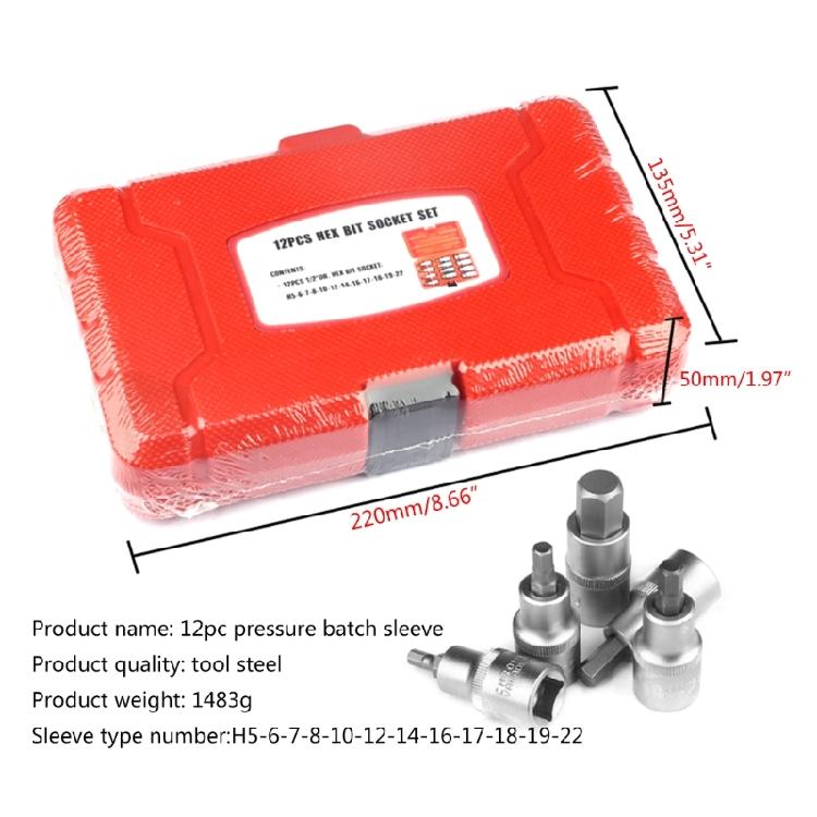 12x Hex Bit Socket Set Screwdriver Bit Allen Key Socket Set 1/2" Converters