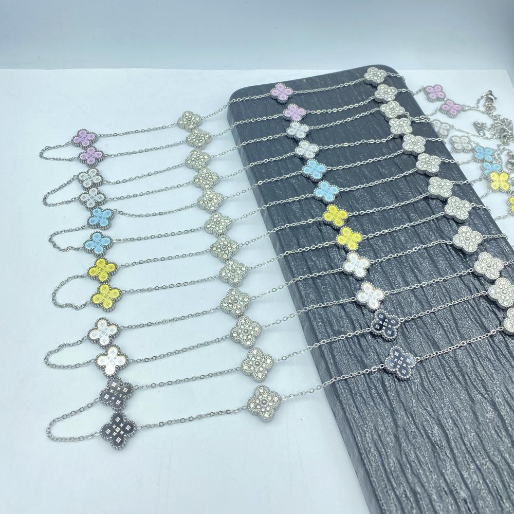 Acier Titane 13MM 60+5CM 10 Fleurs Double Face Trèfle à Quatre Feuilles Porte-Bonheur Collier pour Dames