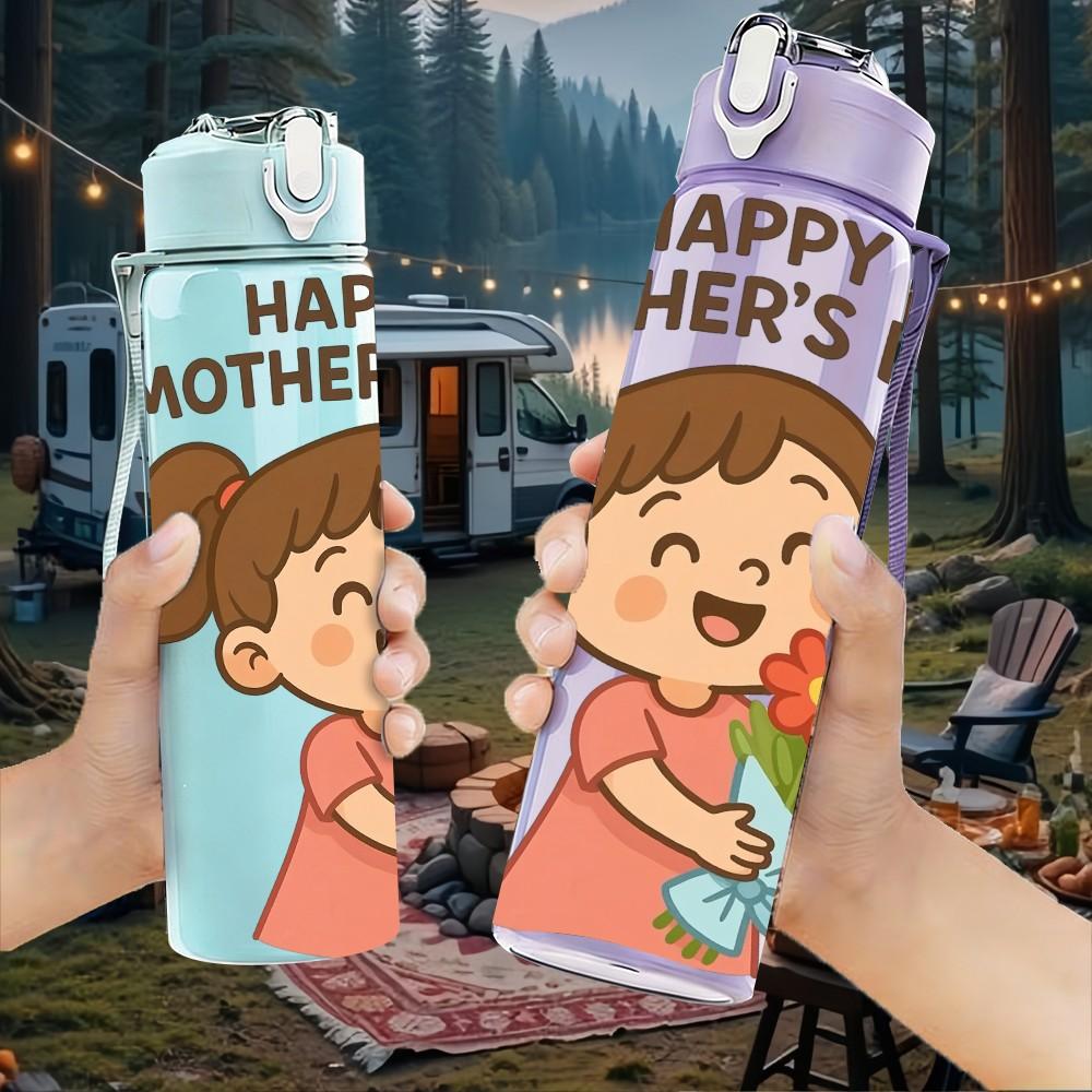 1PC Happy Mothers Day Girl Flower Print 750ml Color Plastic Sports Water Bottle Leakproof Flip Straw Lid Suitable for Sports Office Home Use