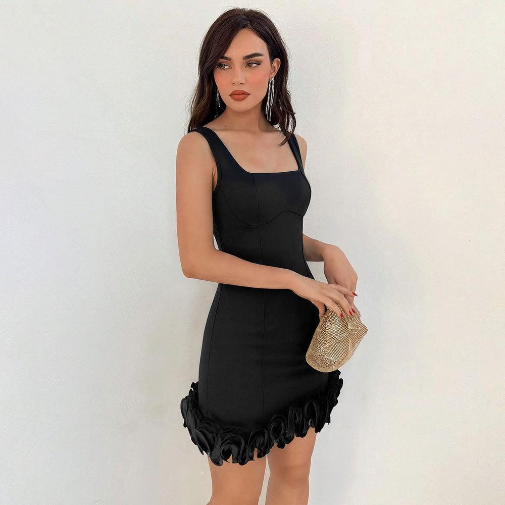 Europe and the United States New Women's Dress Solid Color Temperament Celebrity Sleeveless Ruffle Edge Design Hip Skirt