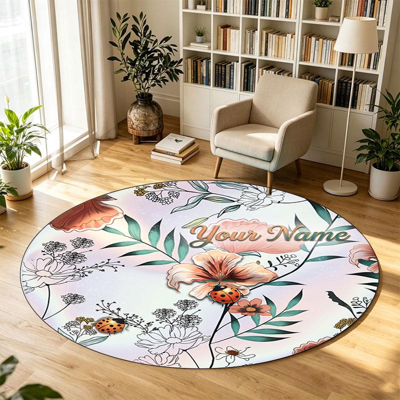 Floral Flowers (887) Theme Circular Crystal Velvet Carpet Customized Name & Text Round Soft Floor Rug For Living Room Bedroom Decor