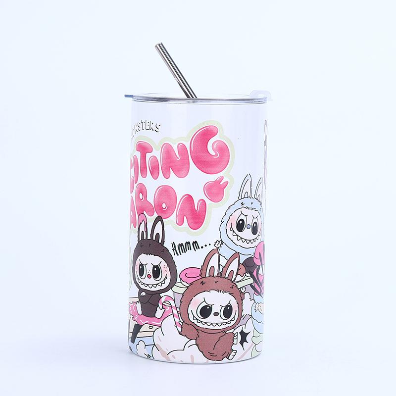 Kubek termiczny ze stali nierdzewnej w kształcie kreskówki Labubu Prosty kubek ze słomką do kawy