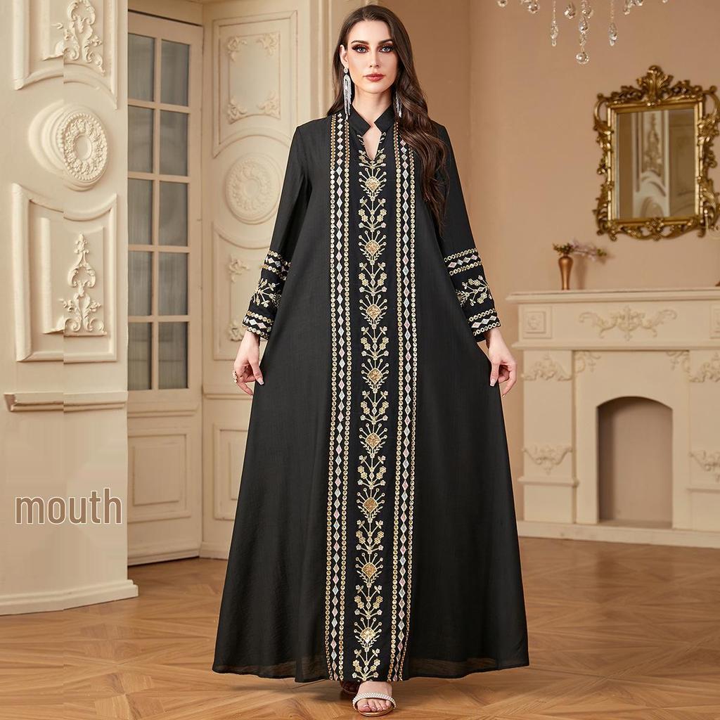 Women's Embroidered Long Sleeve Patchwork Robe - Middle Eastern and Western Style