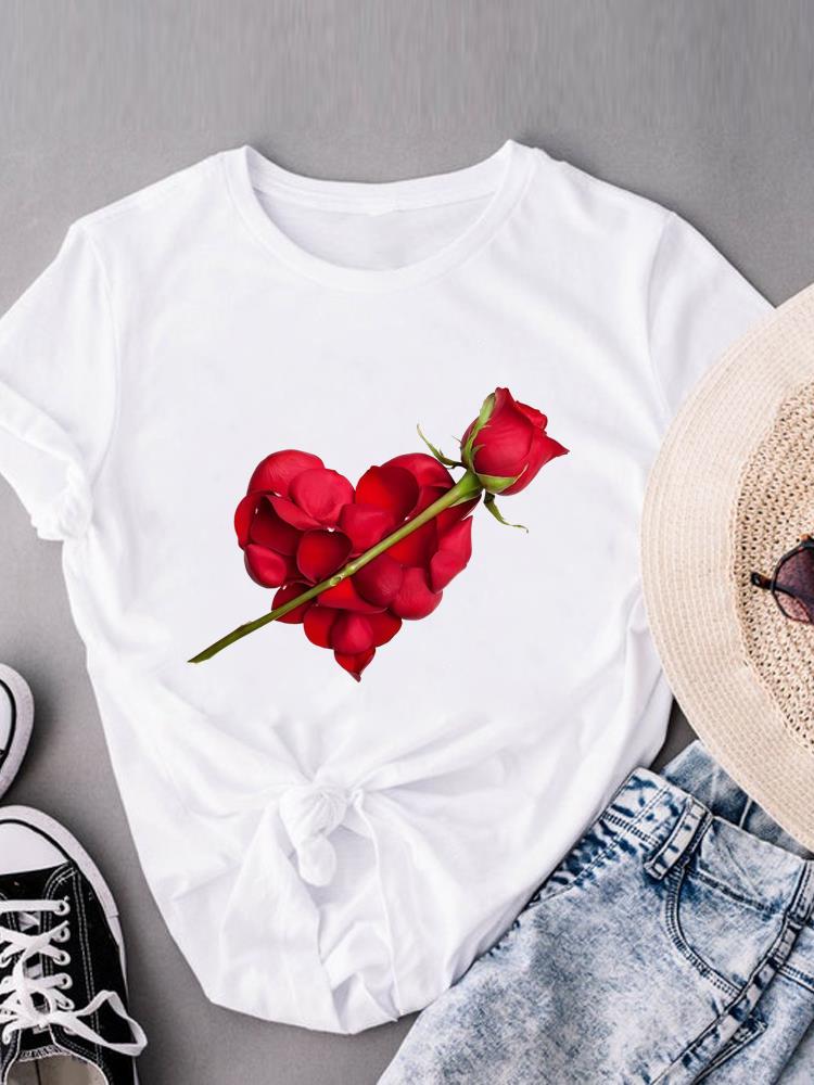 (Taille asiatique) cœur d'amour doux col rond Vêtements décontractés Manches courtes T-shirts Mode Féminin Femme Haut pour femme T-shirt Imprimé T-shirt Graphique