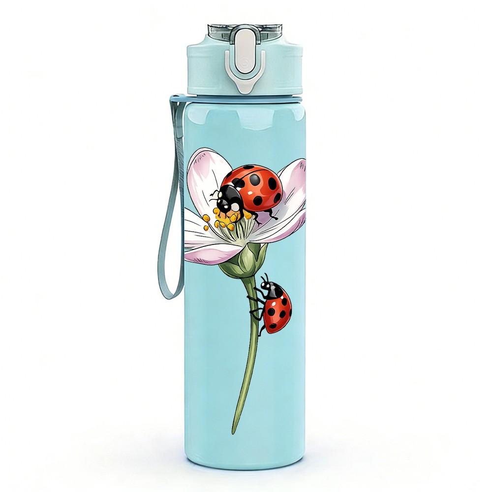 1PC Ladybug Flower Watercolor Print 750ml Color Plastic Sports Water Bottle Leakproof Flip Straw Lid Suitable for Sports Office Home Use