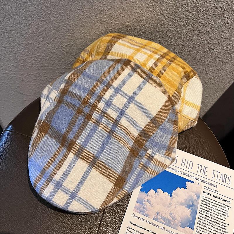 Color Clashing Grid Classic Wool Felt Newsboy Hat Color Blocking Fall Use Winter