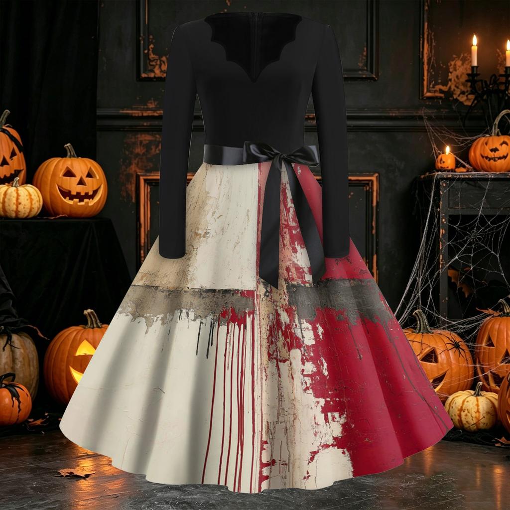 Women's Casual Long Sleeve V Neck Vintage Dress Halloween Print A Line Midi Dress with Waist Tie Belt for Everyday Wear