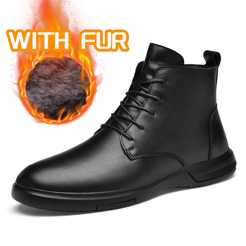 Autumn Winter Men Motorcycle Boots Versatile Round-toe Casual Ankle Boots Genuine Leather High Top Shoes Winter Plush Snow Botas