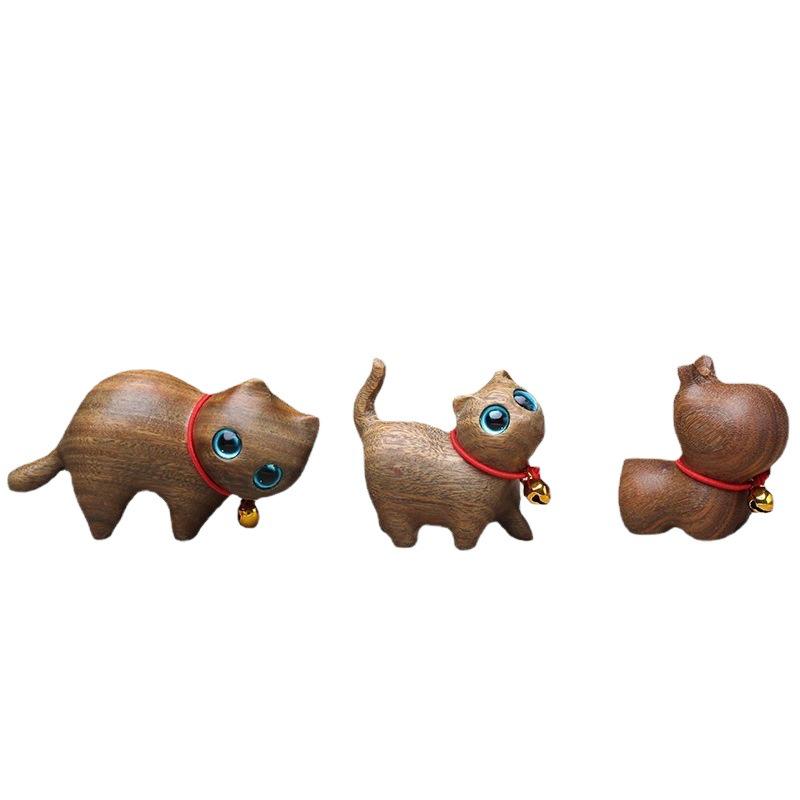 Green Sandalwood Carved Cat & Hippo Desktop Decoration for Home or Office