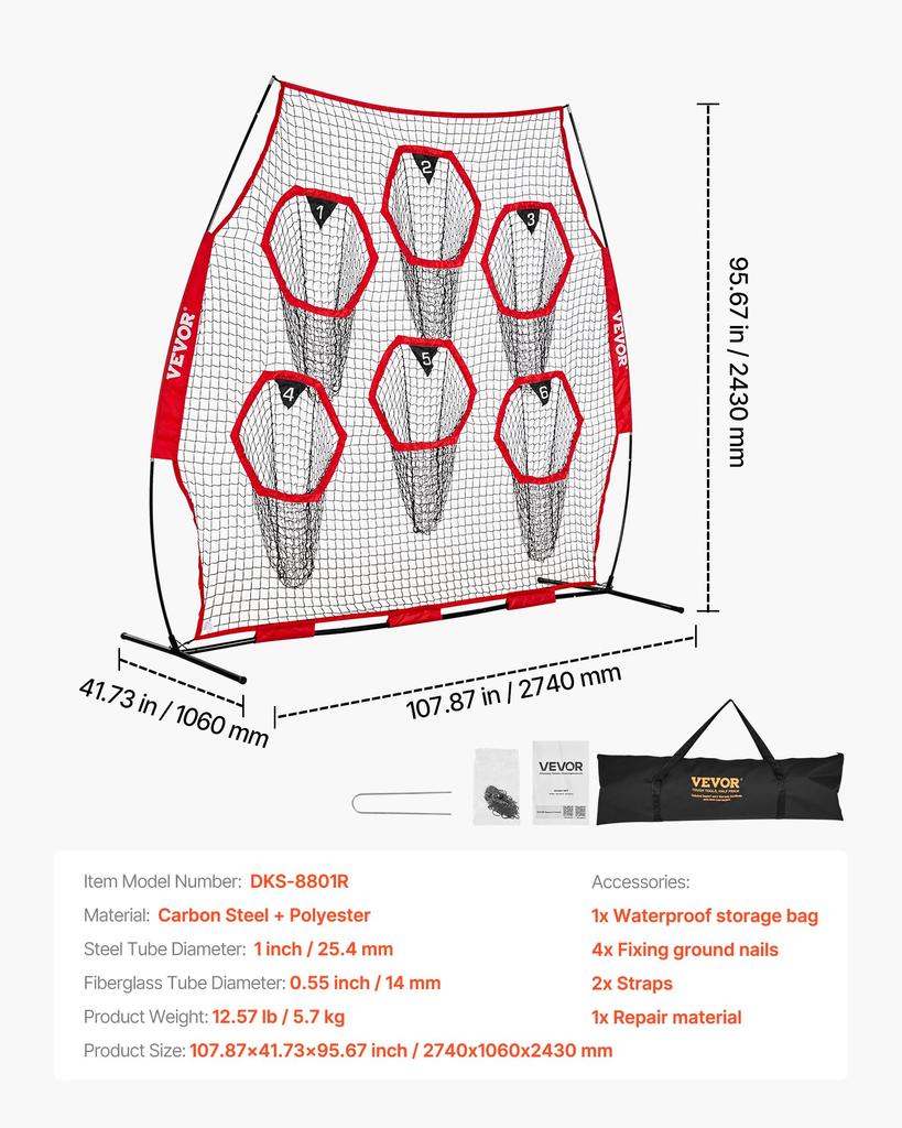 VEVOR 2438.4x2438.4mm Football Trainer Throwing Net, Training Throwing Target Practice Net with 6 Target Pockets