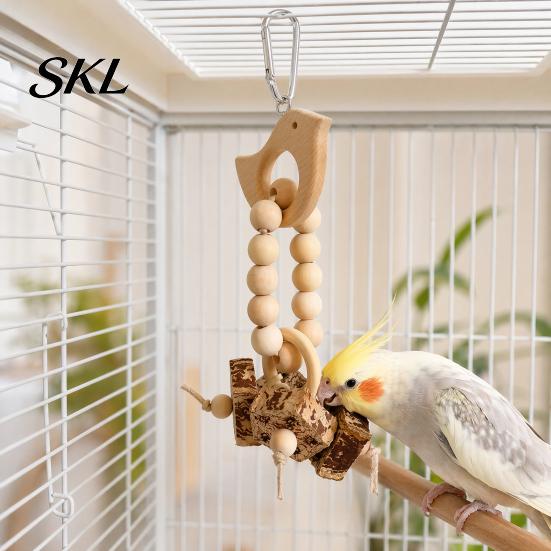 Parrot Chew Toy Wooden Blocks Toy, Bird with Beads Rattan Balls or Dried Star Fruits, Cage Accessory for Small Medium Parrots Cockatiels Budgerigars