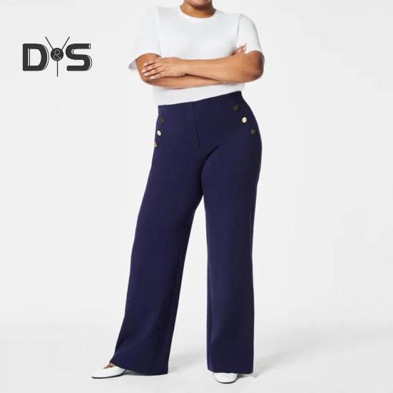 Women Pants Elastic High Waist Straight Wide Leg Pants with Pockets Buttons Decor Solid Color Slim-Fitting Tummy Control Work Trousers