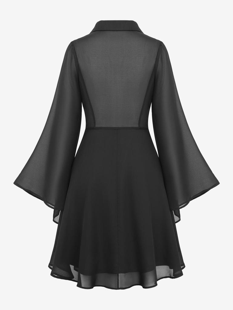 Rosegal Gothic Flare Rukávy Rozepínací límec Kříž Poloviční zip Krajka Trim Vrstvený PU panelový korzet Šifon Pevné šaty A Line