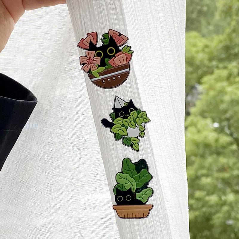 Cute Cat Black Brooch Set With Delightful Floral And Plant Motifs Perfect For Fall Fashion