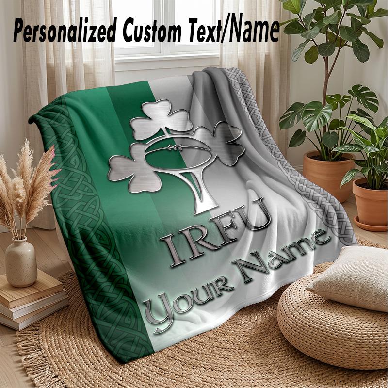 Ireland Rugby Custom Flannel Throw Blanket Print Your Name Text Soft Warm Blanket Holiday Present