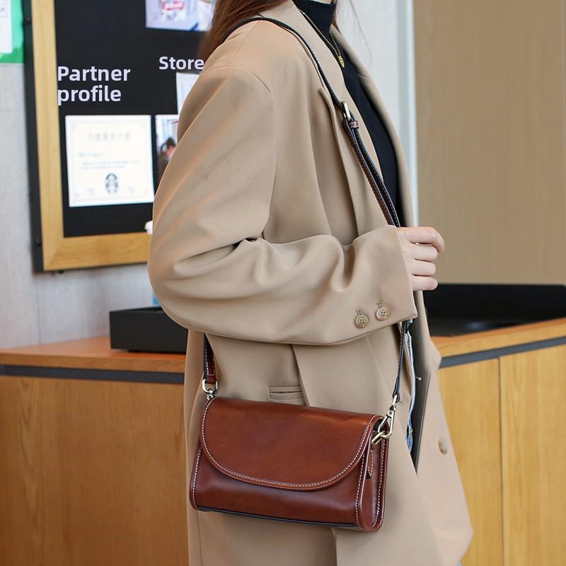 New Retro Genuine Leather Women's Bag, Top Layer Vegetable Tanned Cowhide Shoulder Bag, Fashionable and Versatile Crossbody Bag