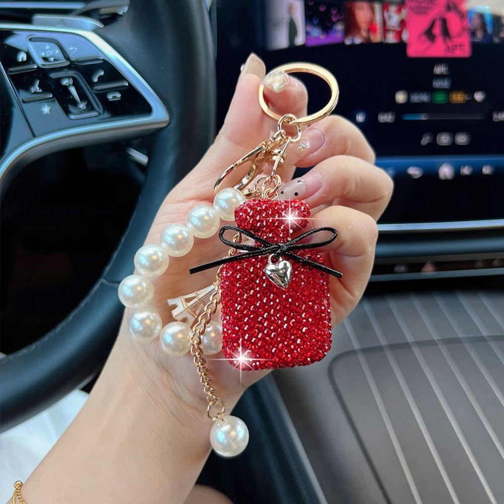 Pearls Perfume Shape Keychain Rhinestone Inlaid Perfume Shape Keyring  Fashion Accessory