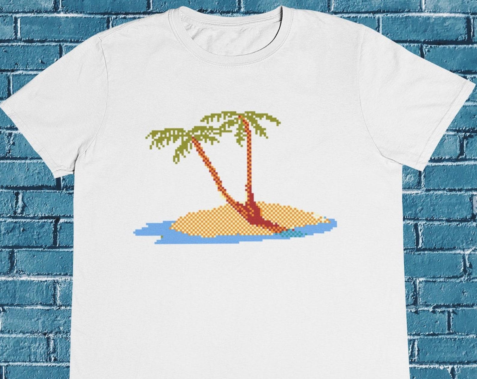 Pixel Art Palm Tree T-Shirt: Tropical Island Cotton Tee M