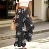 Damen High Waist Weite Hosen mit Kordelzug und Taschen Entspannte Passform Lange Hosen mit Rüschensaum und Blumendruck für Freizeitkleidung