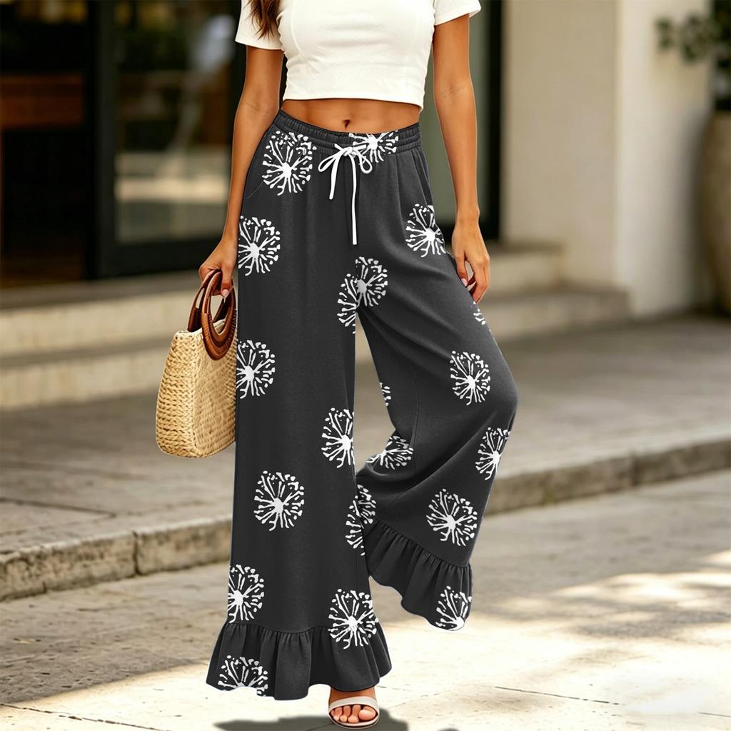 Damen High Waist Weite Hosen mit Kordelzug und Taschen Entspannte Passform Lange Hosen mit Rüschensaum und Blumendruck für Freizeitkleidung
