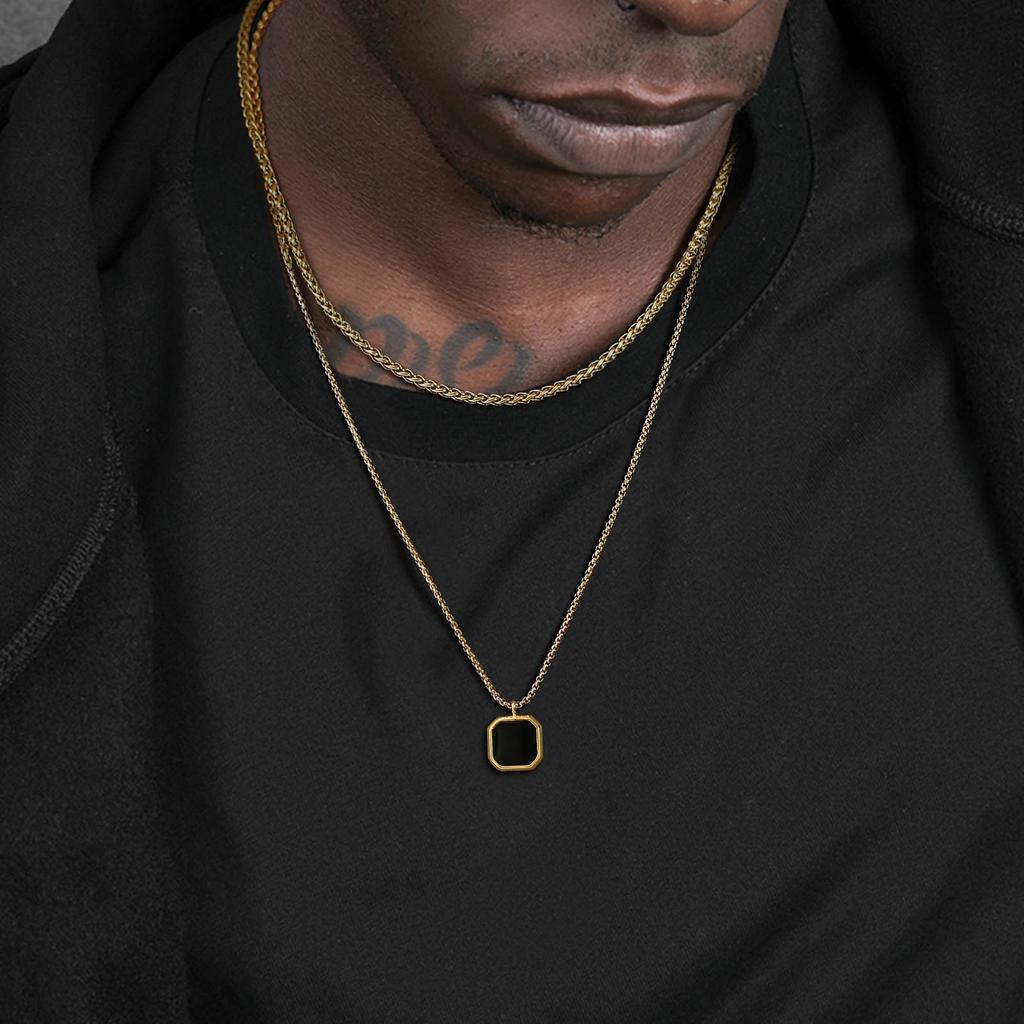 Vnox Stylish Mens Geometric Necklace with Black Enamel, Stainless Steel Metal Double Layered Chain Collar, Unique Gifts for Men