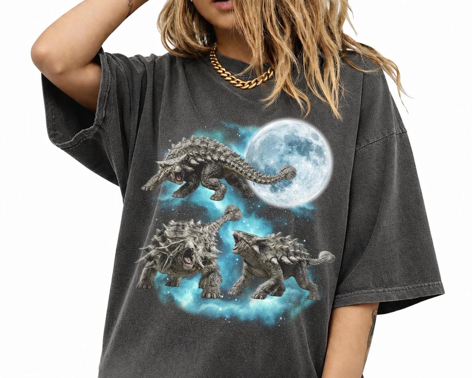 Three Ankylosaurus Moon Shirt, Dinosaur Lover Galaxy Tee, Vintage Spike Prehistoric Nature XL
