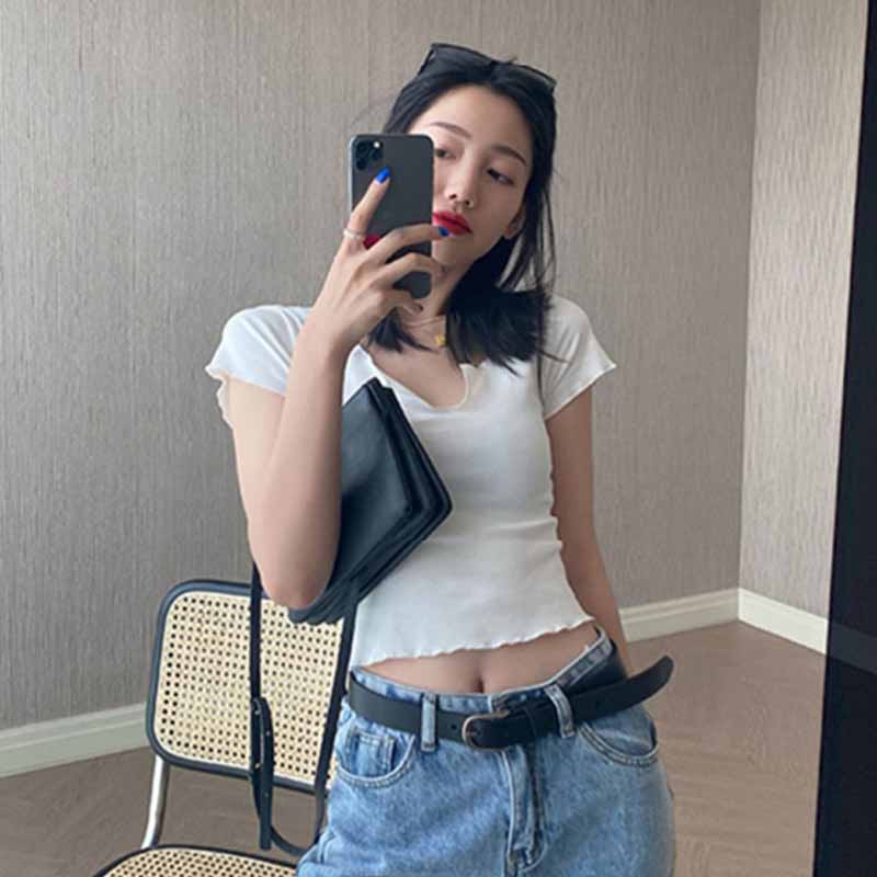 WTEMPO Chic T Shirt Frauen Korea Stil Crop Top Taste Tees Slim Fit Dame Kurzarm T-Shirt Straße Tragen Harajuku Hemd