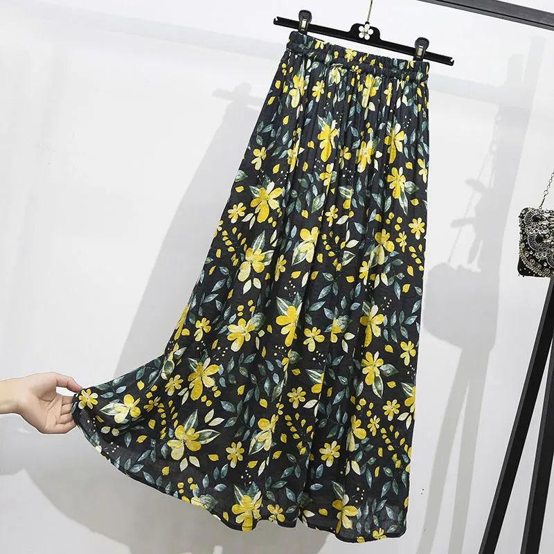 Jupe en coton mi-longue pour femme, décontractée, polyvalente, élastique, ample, confortable, grande taille, plissée, été