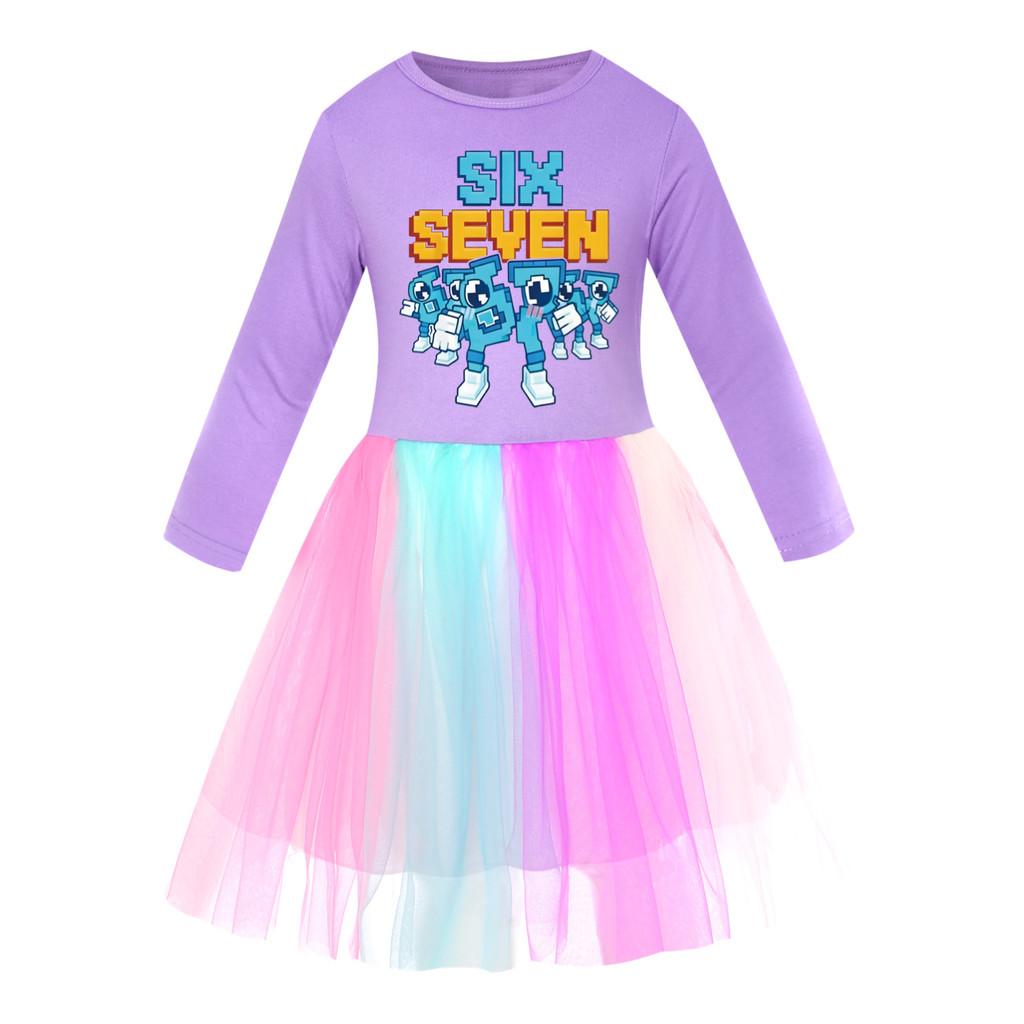 5195 Kids Girls Steal a Brainrot 67 Six Seven Print Mesh Rainbow Round Neck Casual Casual Cotton Dress