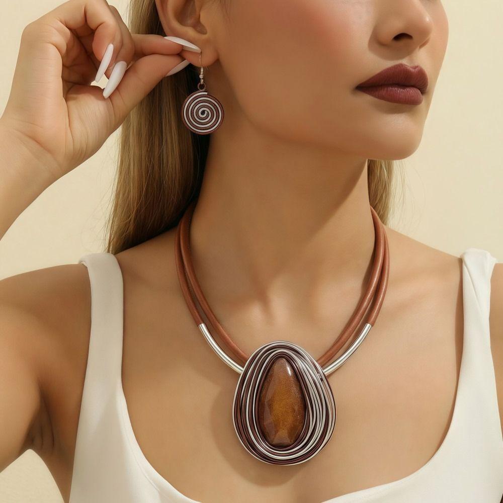 Water Drop Necklace Earrings Set Aluminum Wire Handmade Braided Jewelry Set Resin Gems Lightweight Earring Necklace Combo