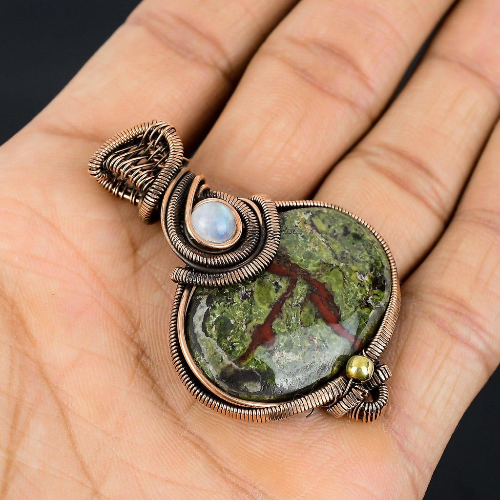 Dragon Blood Jasper & Moonstone 999 Copper Wire Wrapped Pendant, Handmade Gemstone Pendant Jewelry, Gifts For Wife Brand New Pendant
