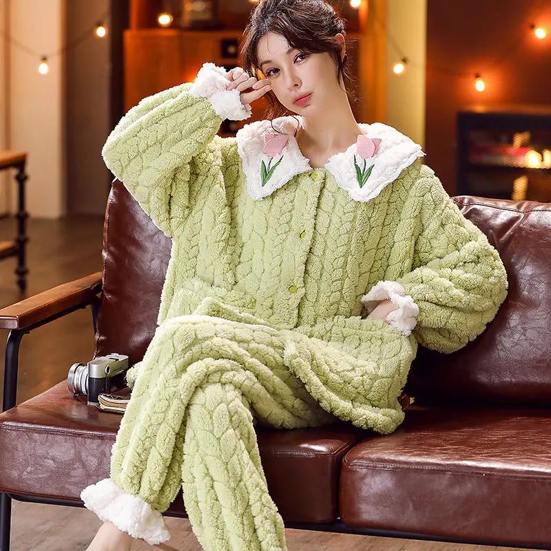 Winter Pajamas Ladies Coral Velvet Flannel Thickened Plus Sleepwear Women Household Clothing Set Famale Zipper Suit Outsidewear