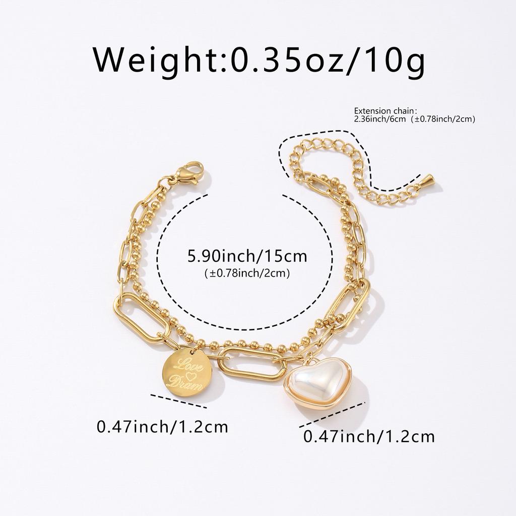 Golden Double Layer Chain Heart Pearl Charm Bracelet for Women Elegant Jewelry Gift